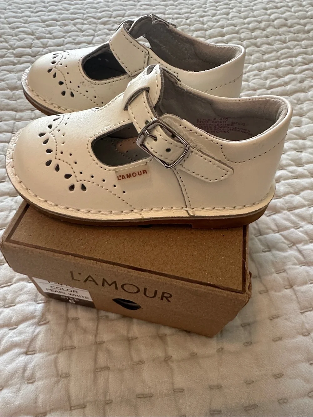 L'Amour Pearl White T-Strap Kids Dress Shoes with Perforated Detail